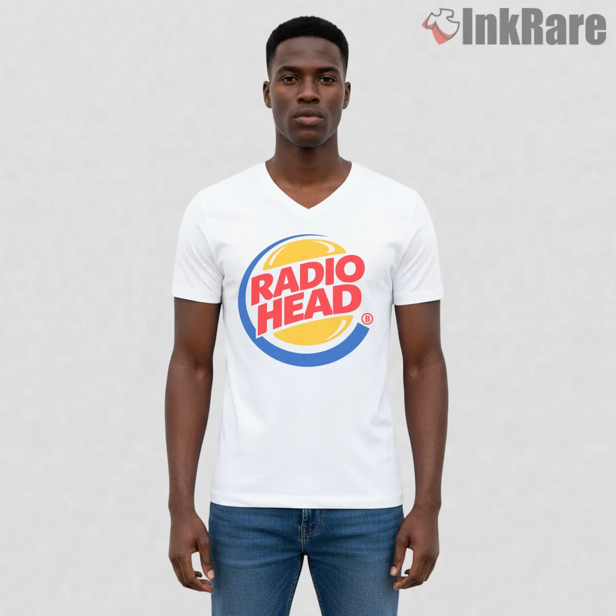 Radiohead Burger King Logo Parody V Neck White Radiohead Burger King Logo Parody Shirt on white v-neck shirt for men graphic tee