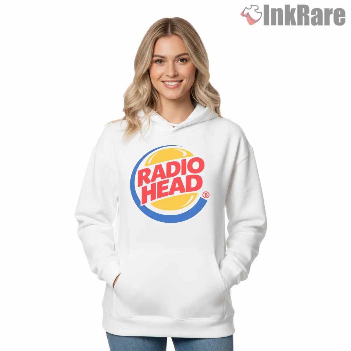 Radiohead Burger King Logo Parody Hoodie White Radiohead Burger King Logo Parody Shirt on white hoodie for women graphic tee