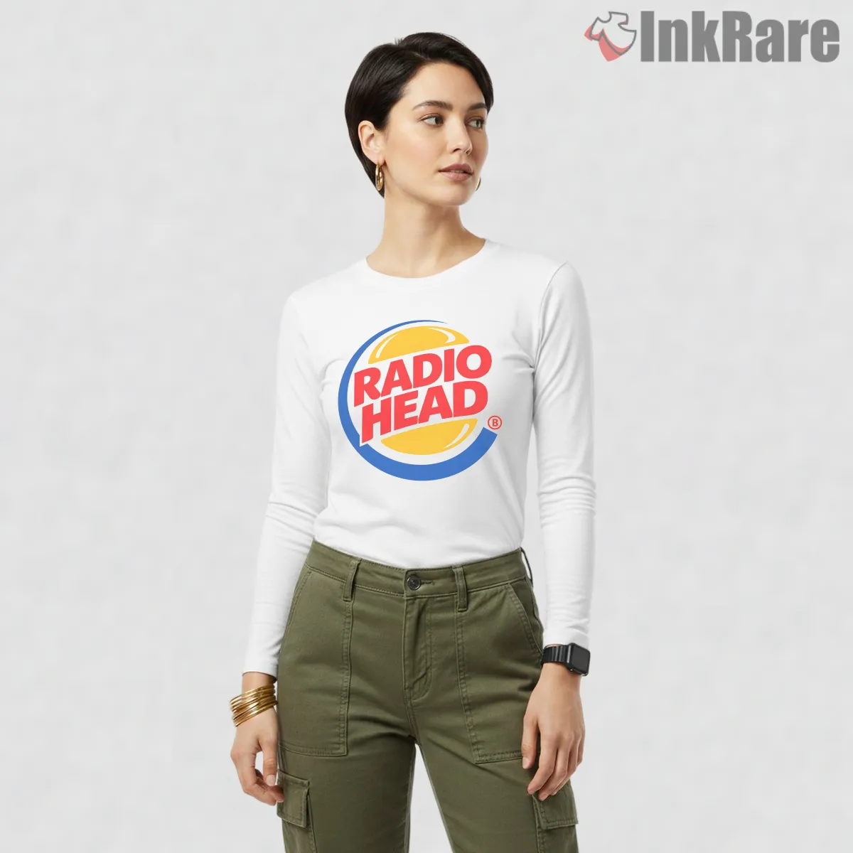 Radiohead Burger King Logo Parody Long Sleeve White Radiohead Burger King Logo Parody Shirt on white long sleeve shirt for women graphic tee