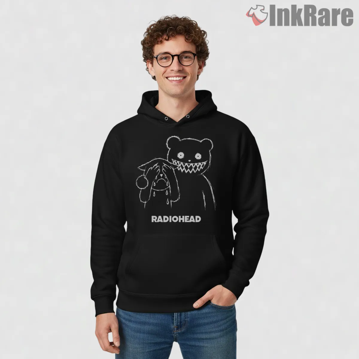 Radiohead Creepy Bear Cartoon Shirt on black hoodie for men graphic tee