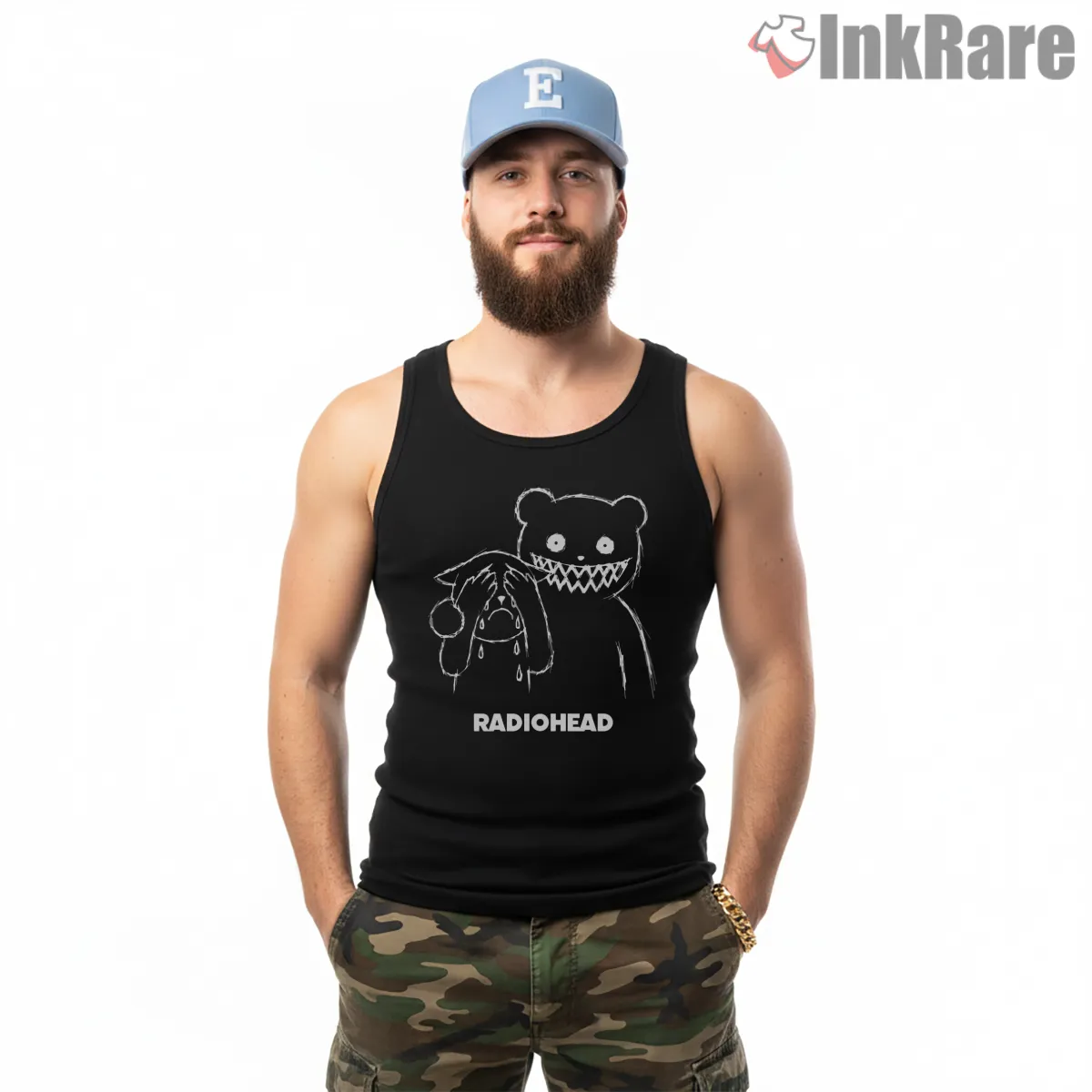 Radiohead Creepy Bear Cartoon Tank Top Black Radiohead Creepy Bear Cartoon Shirt on black tank top for men graphic tee
