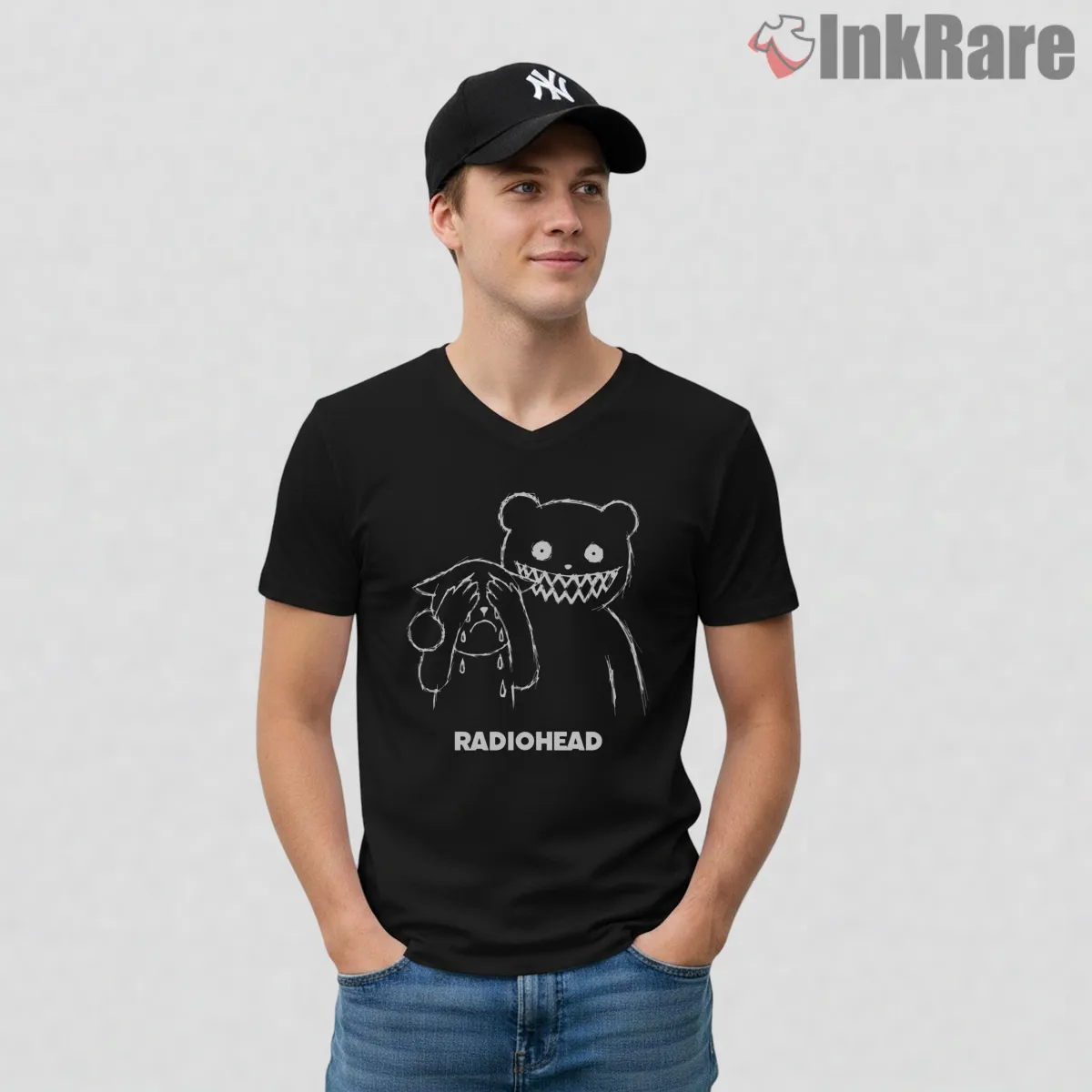 Radiohead Creepy Bear Cartoon V Neck Black Radiohead Creepy Bear Cartoon Shirt on black v-neck shirt for men graphic tee
