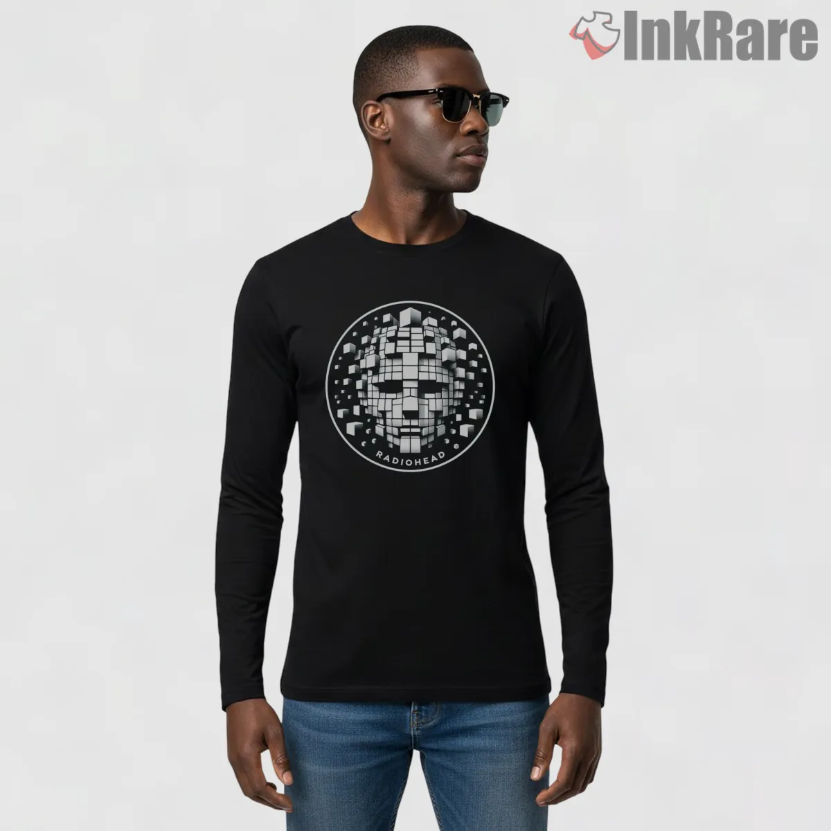 Radiohead Digital Face Glitch Art Shirt on black long sleeve shirt for men graphic tee