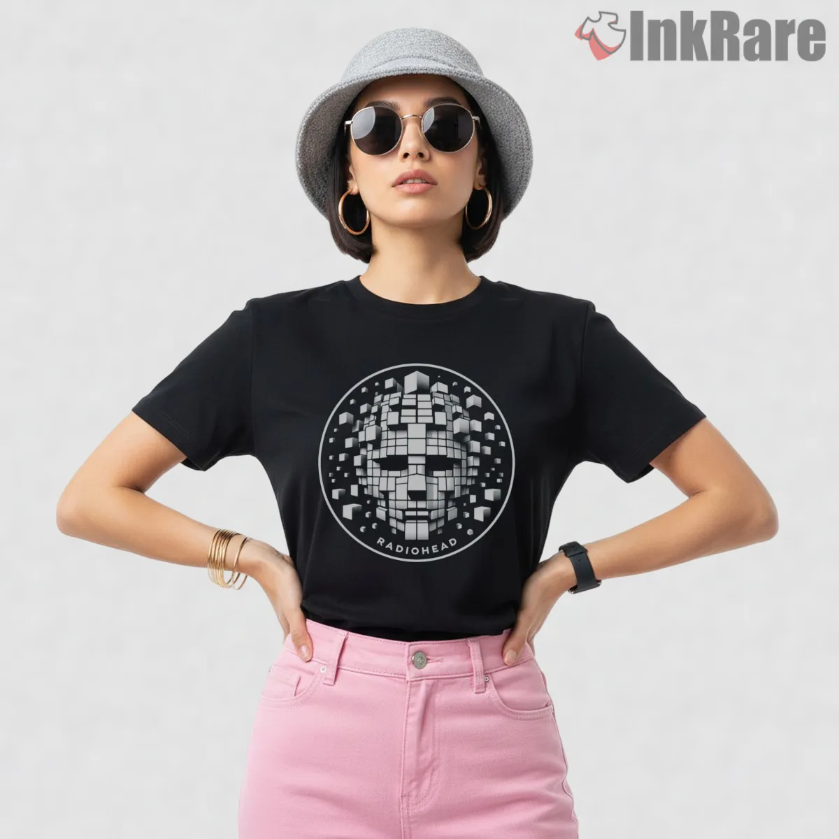 Radiohead Digital Face Glitch Art Short Sleeve Black Radiohead Digital Face Glitch Art Shirt on black short sleeve shirt for women graphic tee