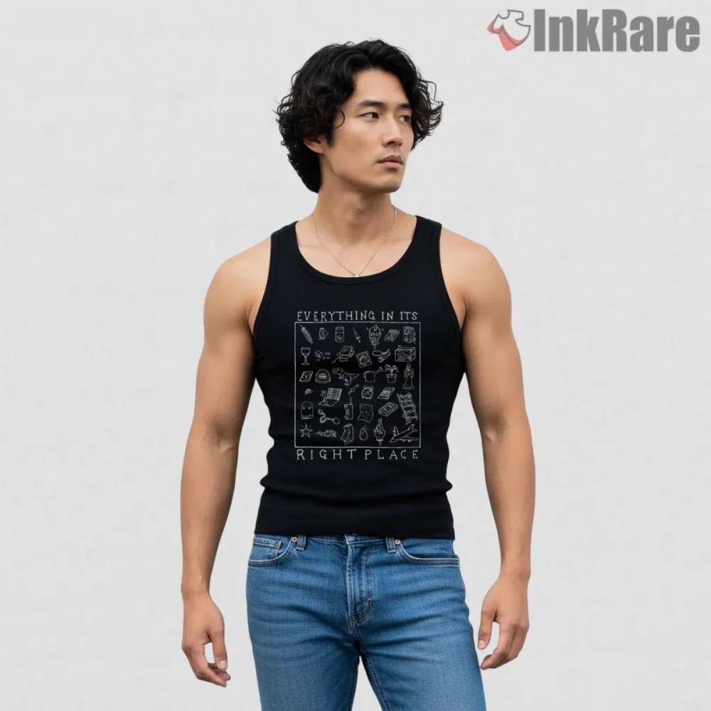 Radiohead Everything In Its Right Place Inventory Shirt on black tank top for men graphic tee