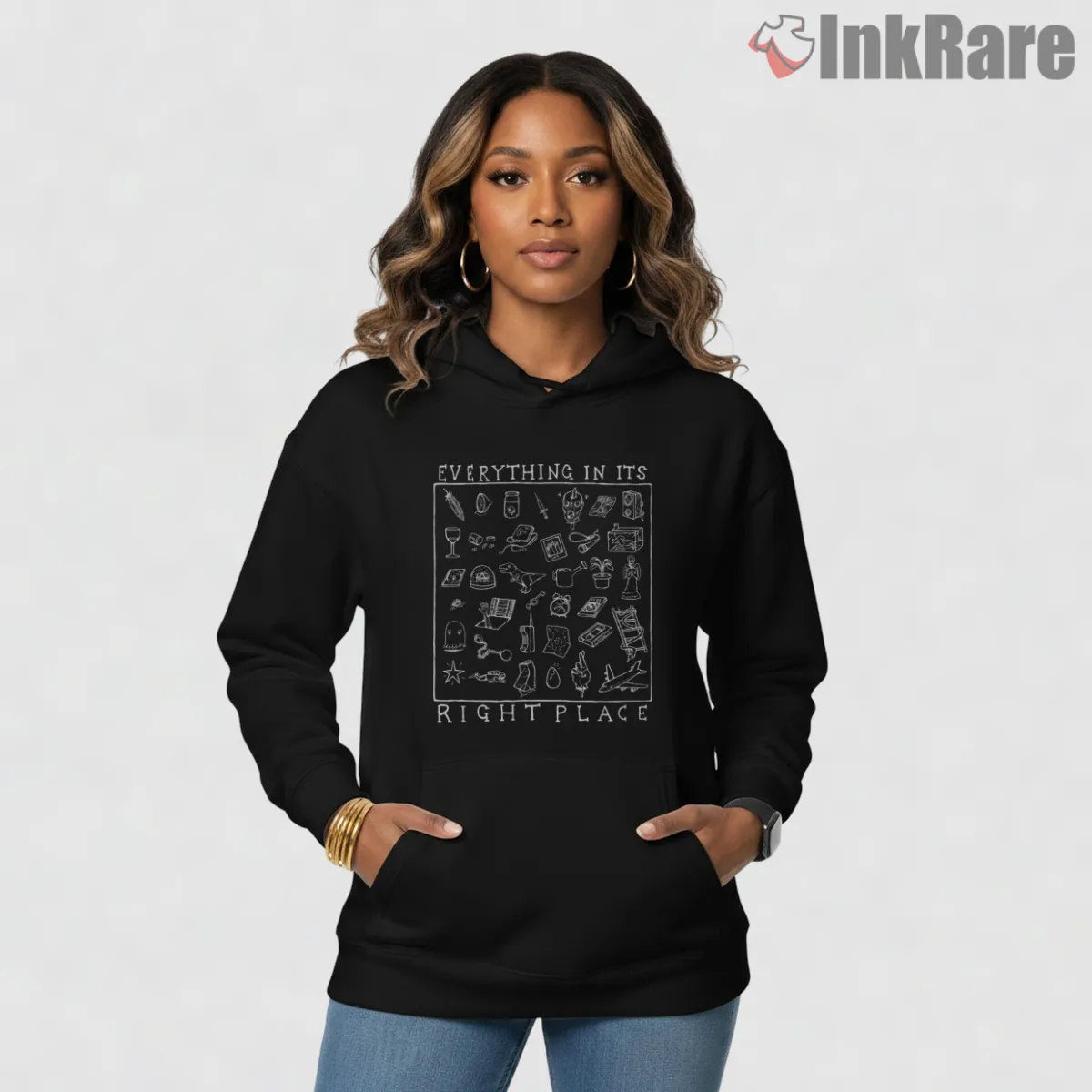 Radiohead Everything In Its Right Place Inventory Hoodie Black Radiohead Everything In Its Right Place Inventory Shirt on black hoodie for women graphic tee