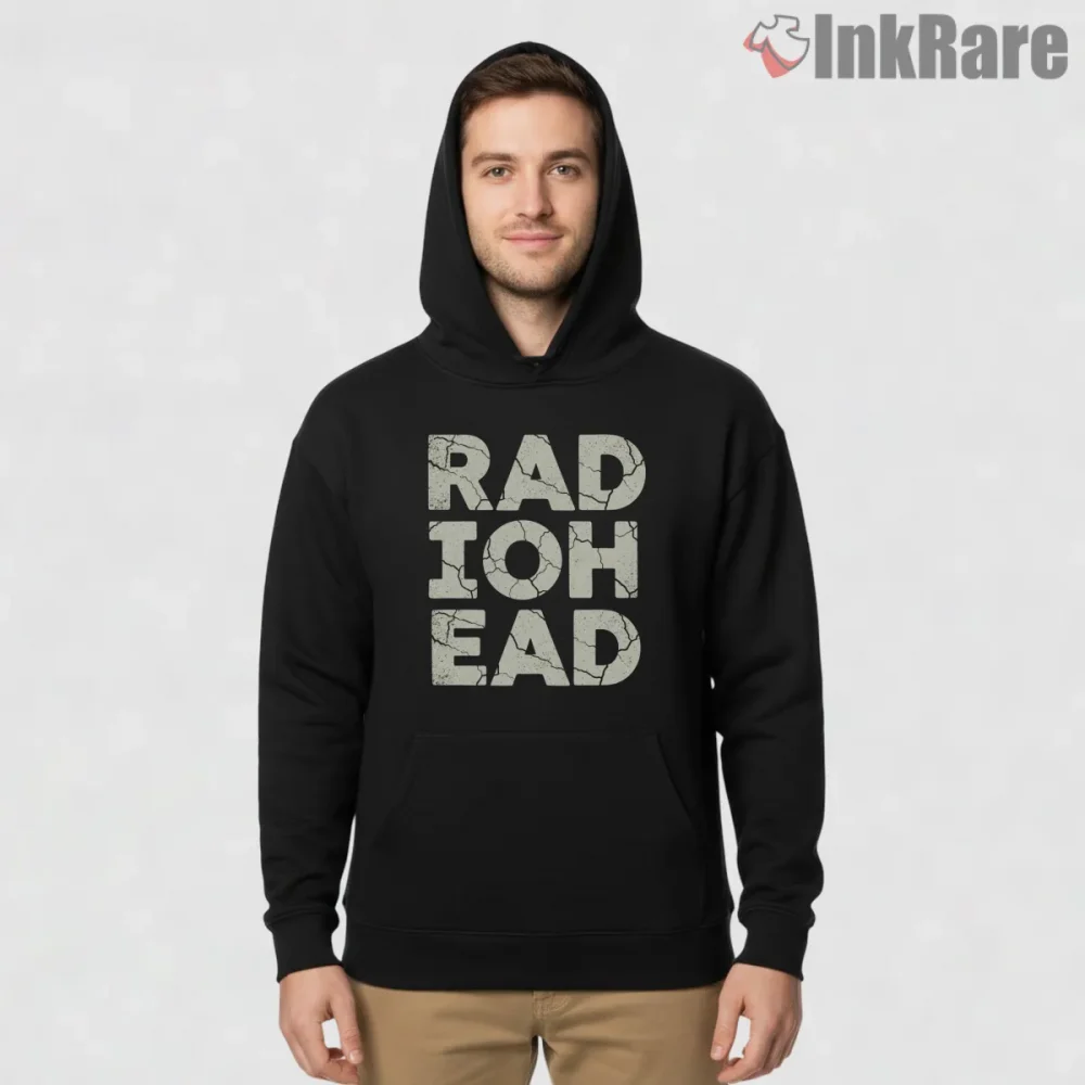 Radiohead Giant Typography Distressed Shirt on black hoodie for men graphic tee