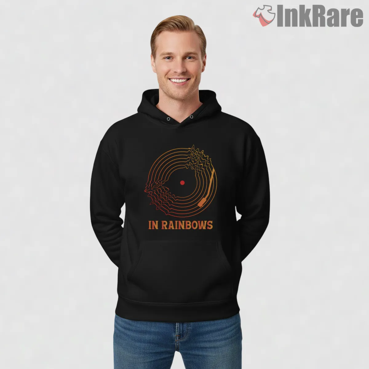Radiohead In Rainbows Psychedelic Vinyl Shirt on black hoodie for men graphic tee