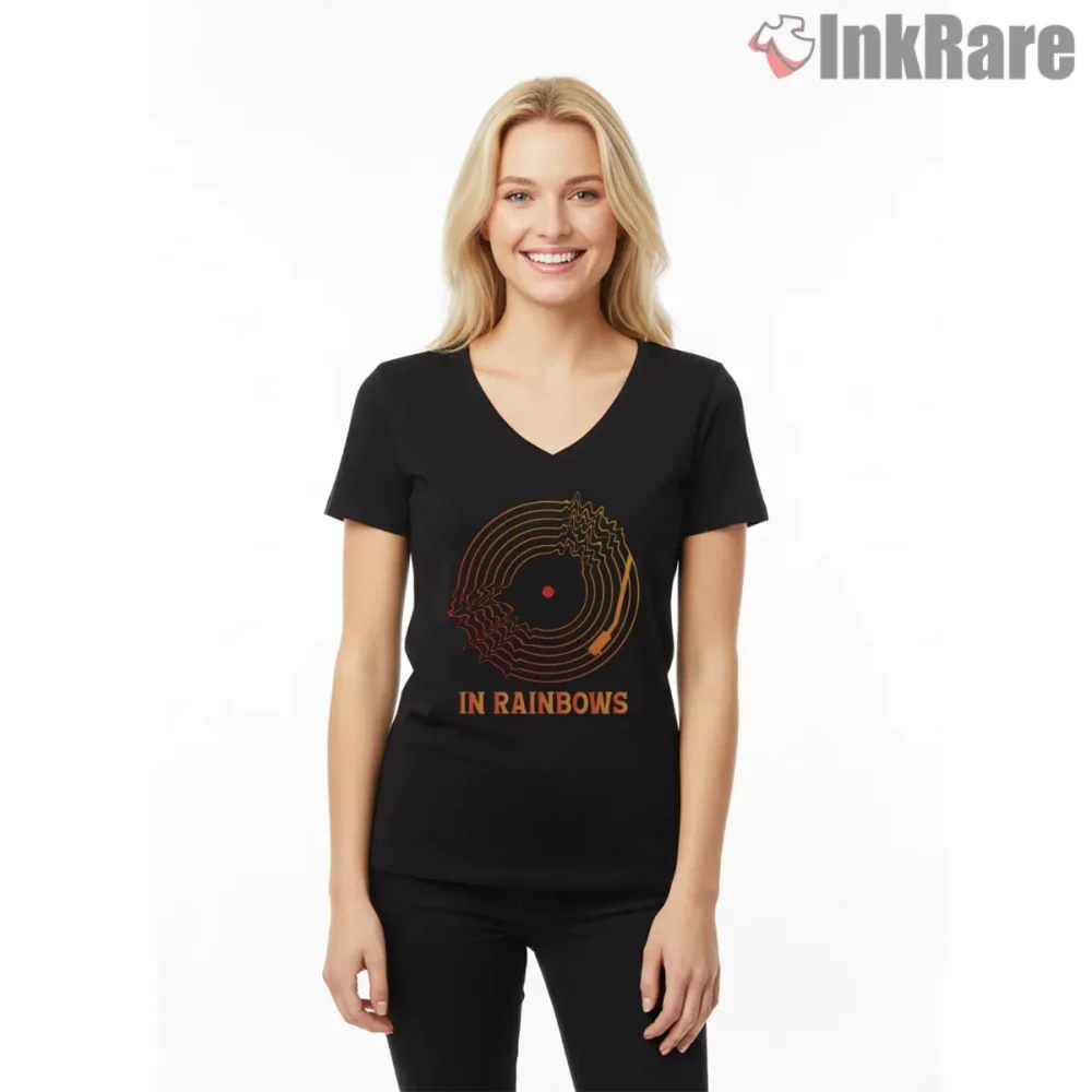 Radiohead In Rainbows Psychedelic Vinyl Shirt on black v-neck shirt for women graphic tee