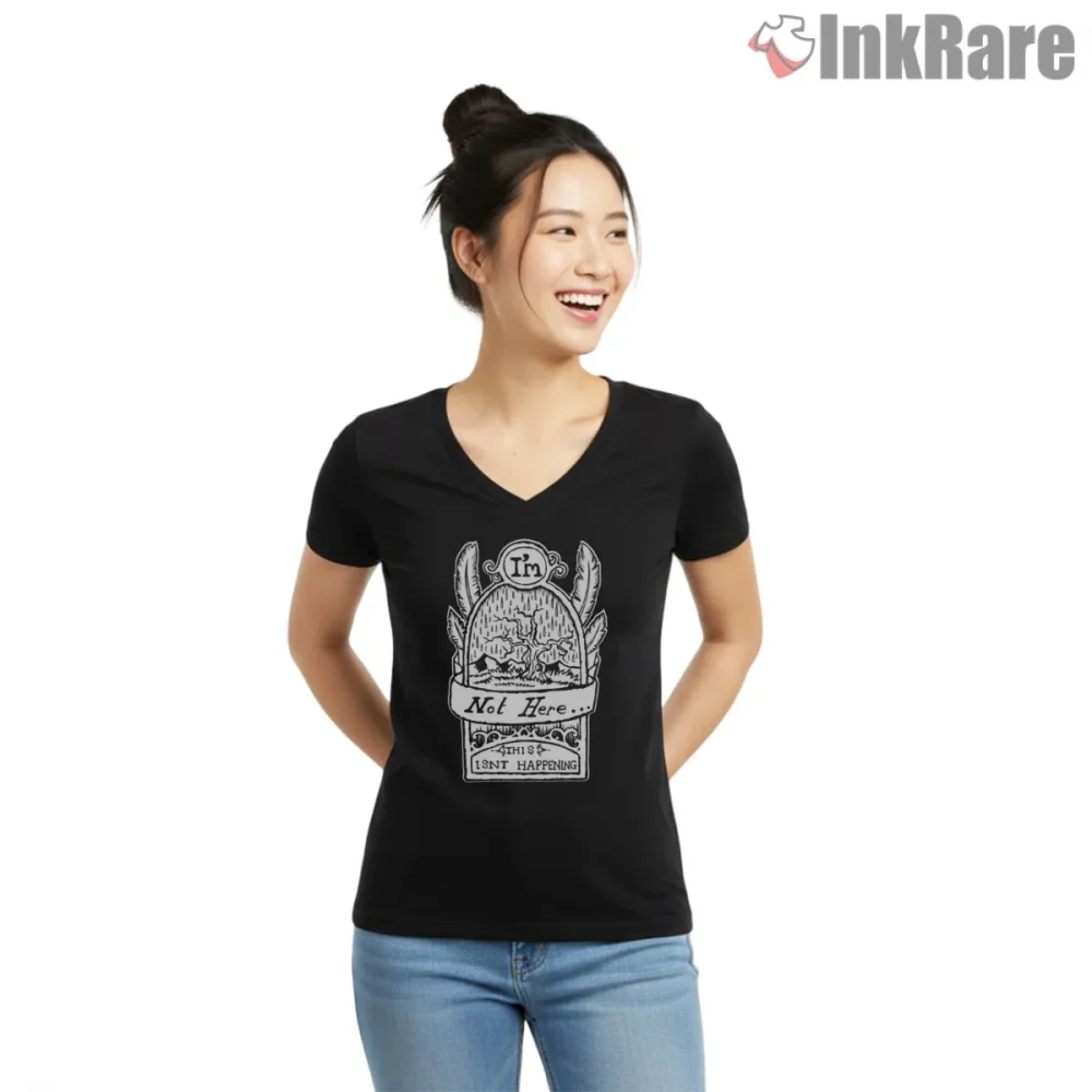 Radiohead Karma Police Surreal Lyric Art Shirt on black v-neck shirt for women graphic tee