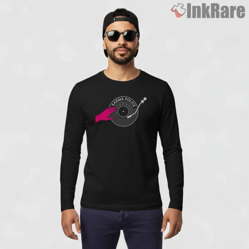 Radiohead Karma Police Vinyl Turntable Shirt on black long sleeve shirt for men graphic tee