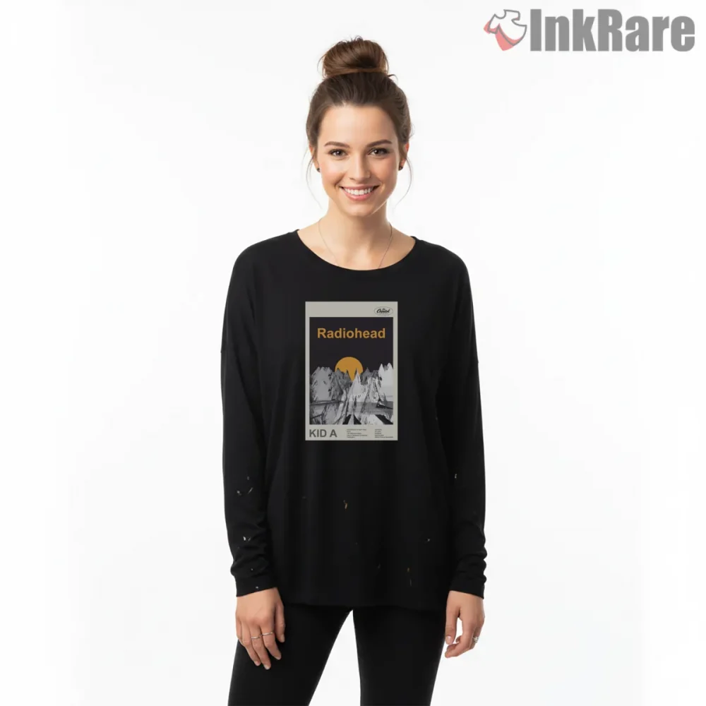 Radiohead Kid A Minimal Mountain Poster Shirt on black long sleeve shirt for women graphic tee