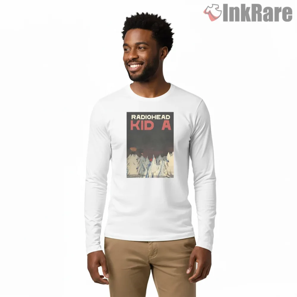 Radiohead Kid A Mountain Album Shirt on white long sleeve shirt for men graphic tee