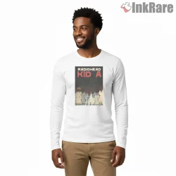 Radiohead Kid A Mountain Album Shirt on white long sleeve shirt for men graphic tee