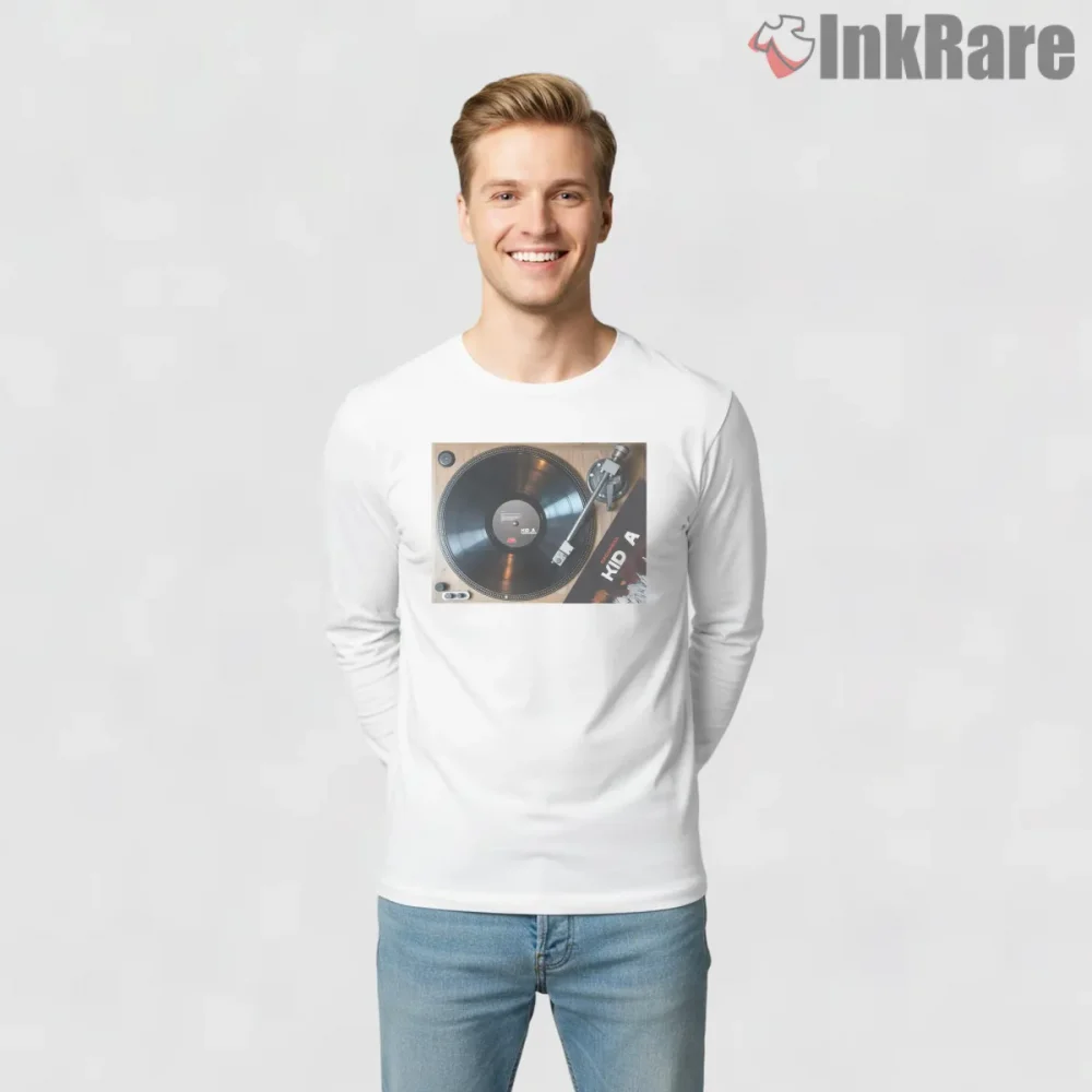 Radiohead Kid A Vinyl Turntable Shirt on white long sleeve shirt for men graphic tee