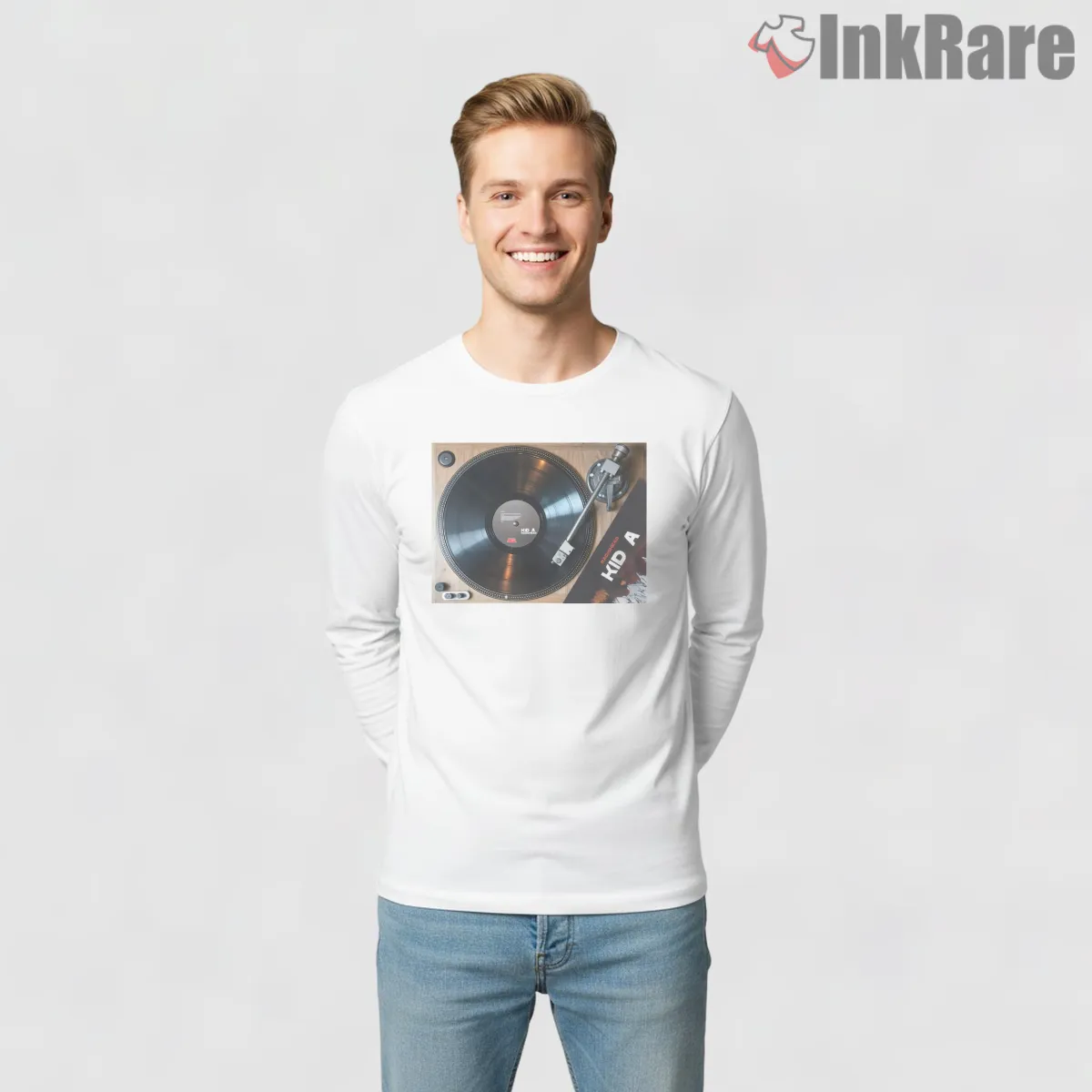 Radiohead Kid A Vinyl Turntable Long Sleeve White Radiohead Kid A Vinyl Turntable Shirt on white long sleeve shirt for men graphic tee