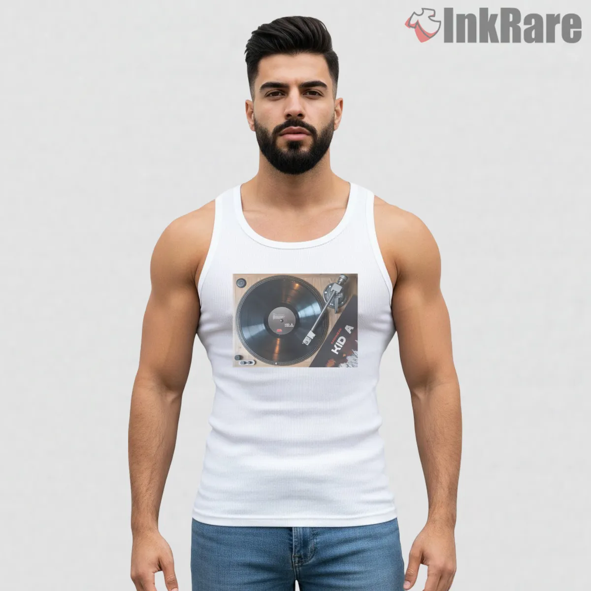 Radiohead Kid A Vinyl Turntable Shirt on white tank top for men graphic tee