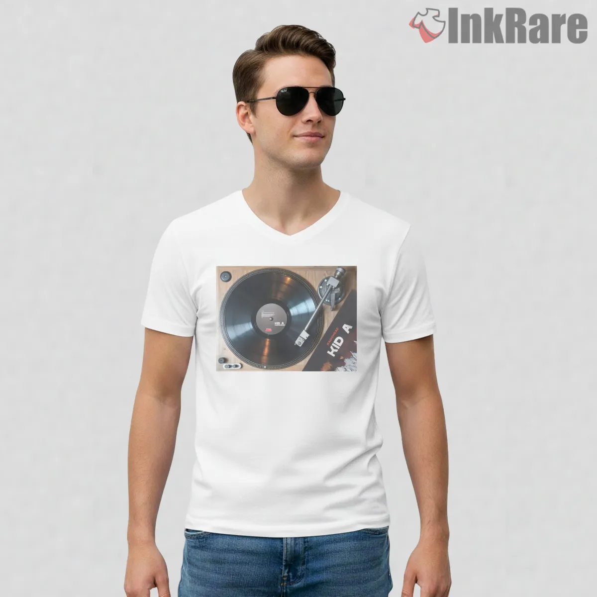 Radiohead Kid A Vinyl Turntable V Neck White Radiohead Kid A Vinyl Turntable Shirt on white v-neck shirt for men graphic tee