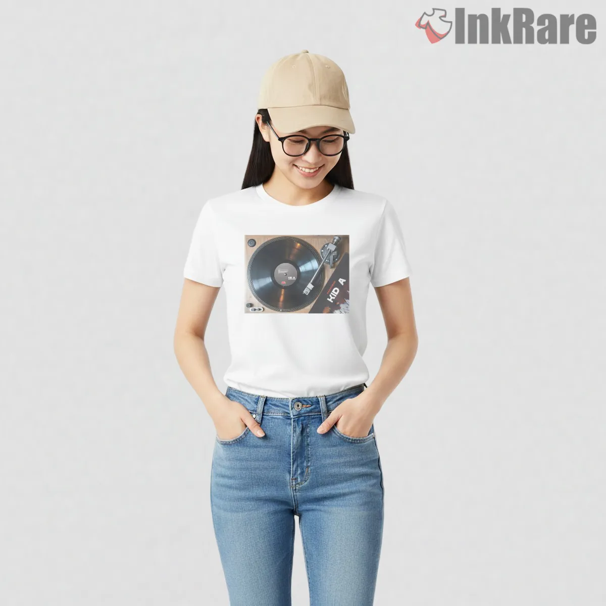 Radiohead Kid A Vinyl Turntable Short Sleeve White Radiohead Kid A Vinyl Turntable Shirt on white short sleeve shirt for women graphic tee
