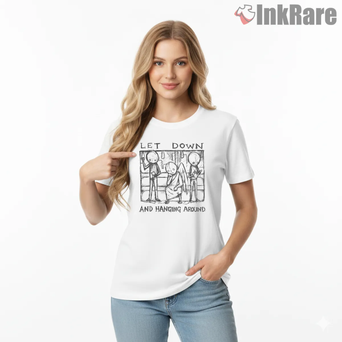 Radiohead Let Down Hanging Around Sketch Short Sleeve White Radiohead Let Down Hanging Around Sketch Shirt on white short sleeve shirt for women graphic tee