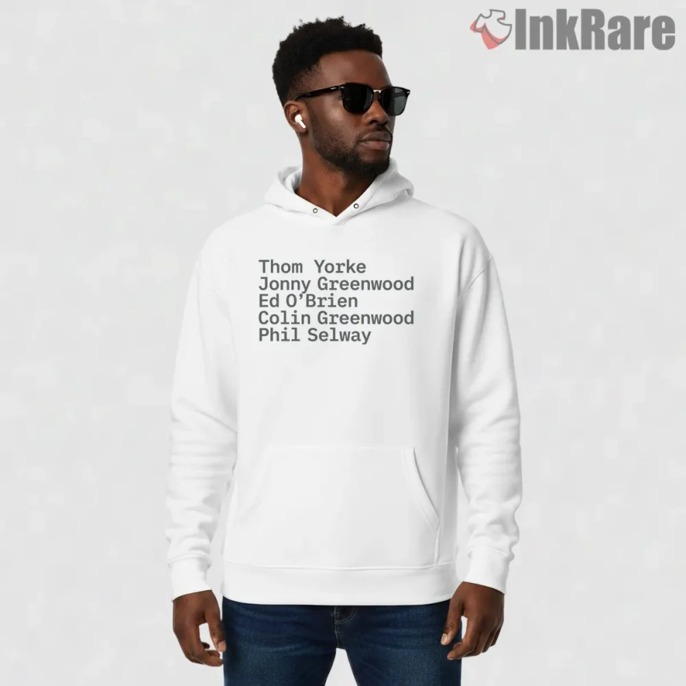Radiohead Member Lineup Minimalist Shirt on white hoodie for men graphic tee