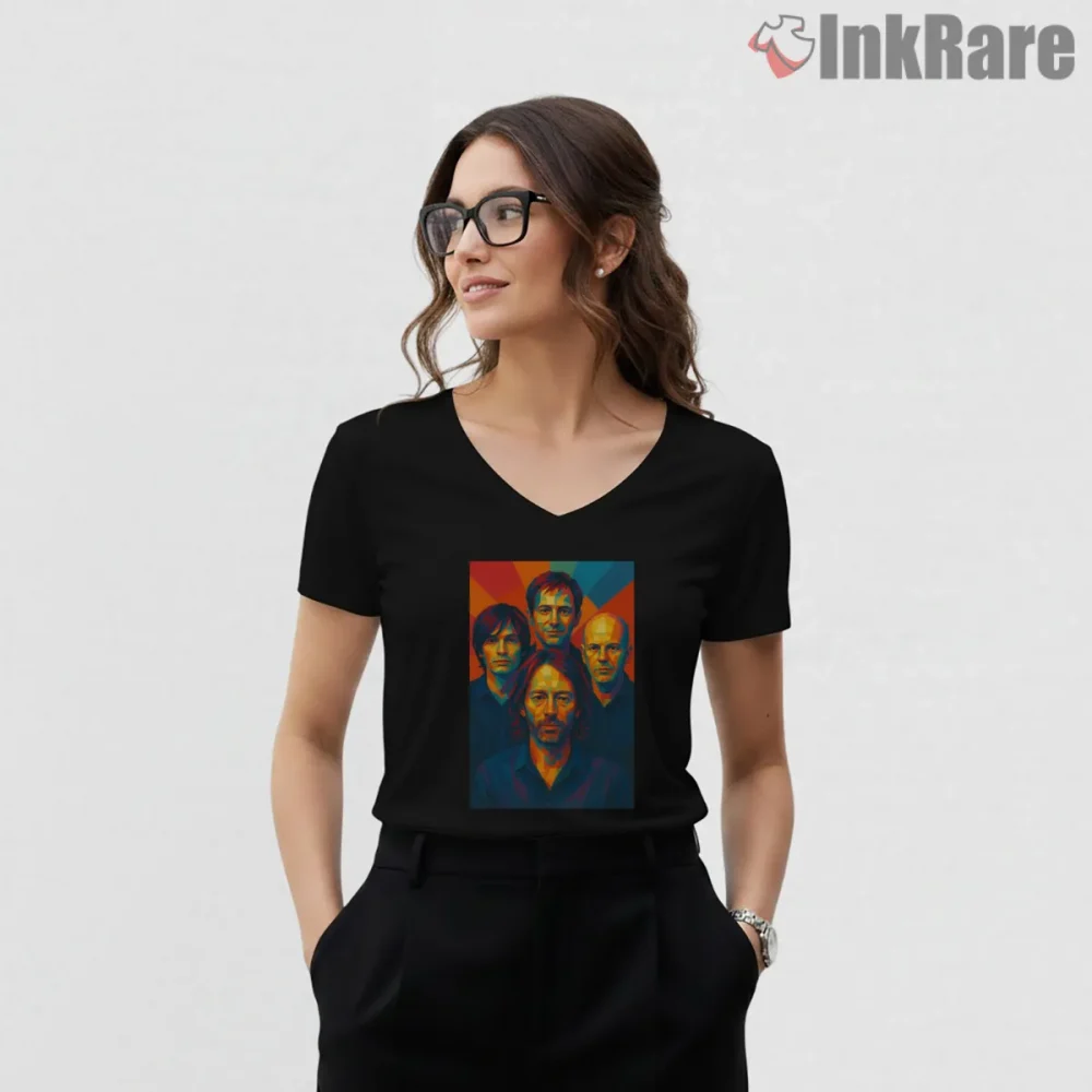 Radiohead Neon Pop Art Band Portrait Shirt on black v-neck shirt for women graphic tee
