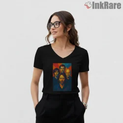 Radiohead Neon Pop Art Band Portrait Shirt on black v-neck shirt for women graphic tee