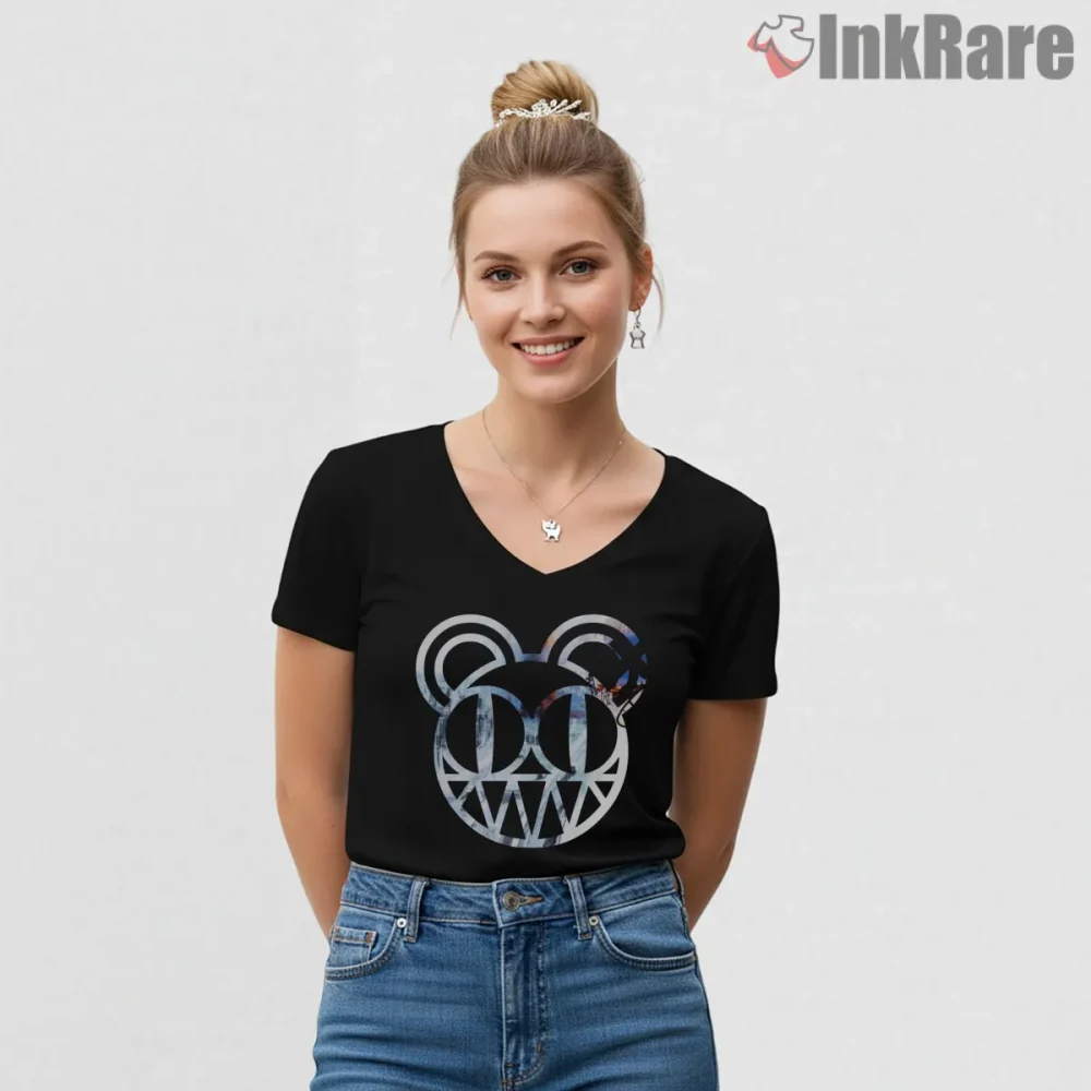 Radiohead Ok Computer Bear Logo Shirt on black v-neck shirt for women graphic tee