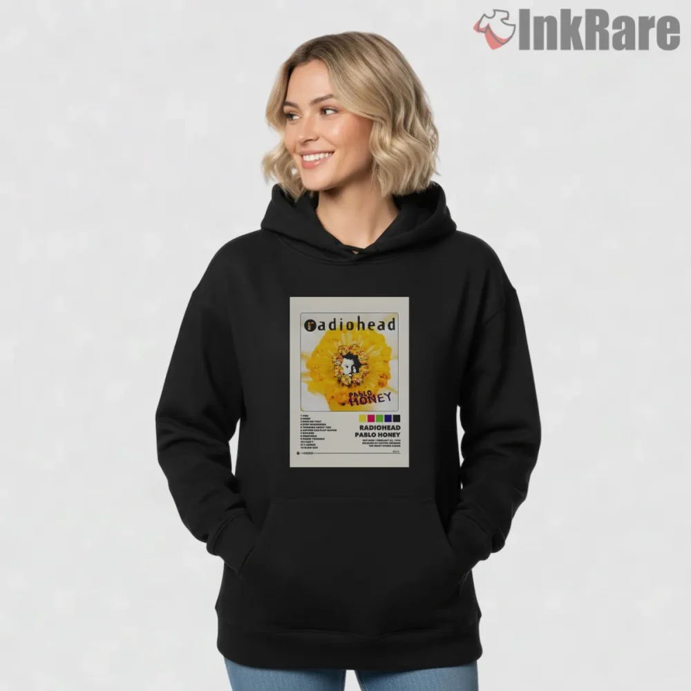 Radiohead Pablo Honey Floral Poster Shirt on black hoodie for women graphic tee