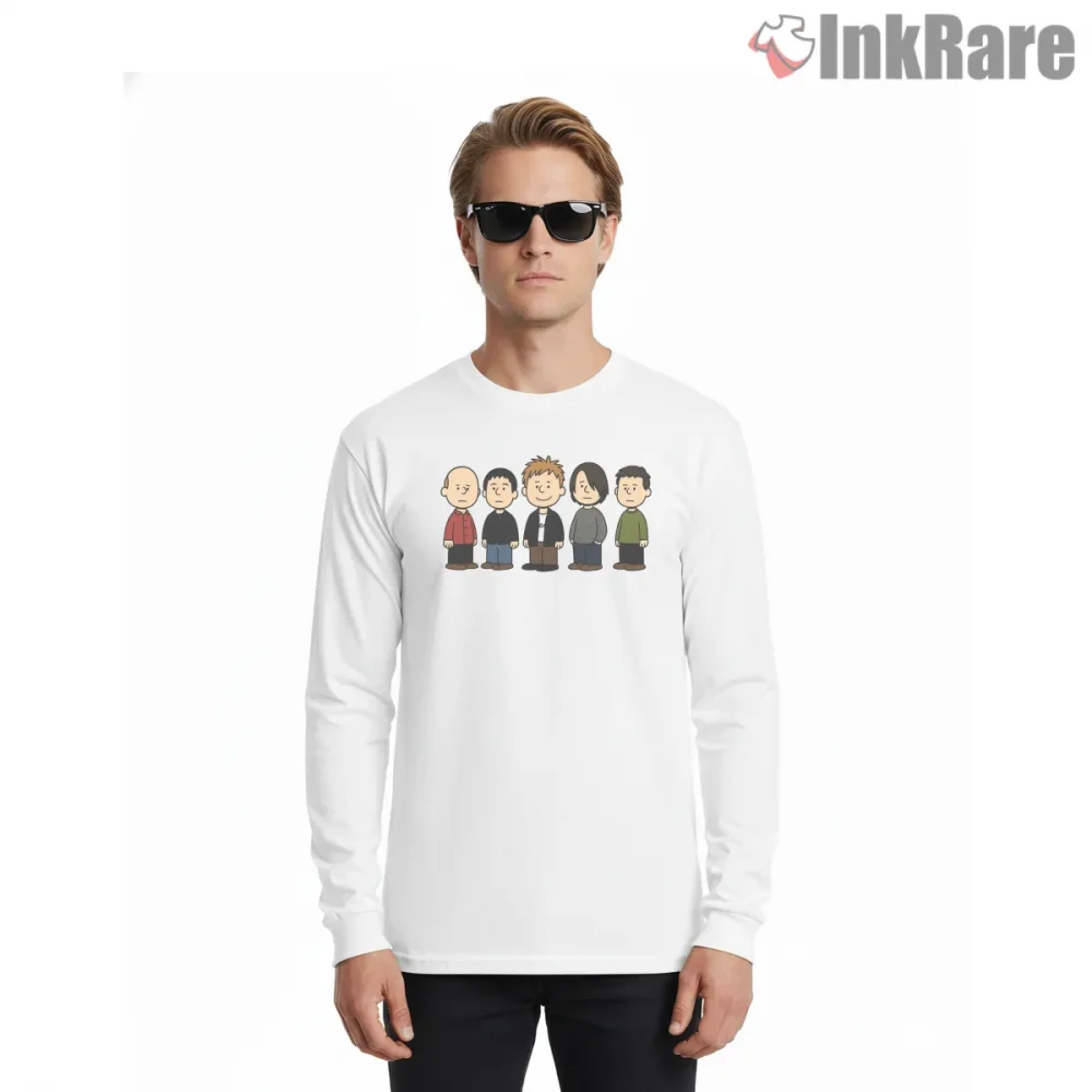 Radiohead Peanuts Cartoon Crossover Shirt on white long sleeve shirt for men graphic tee