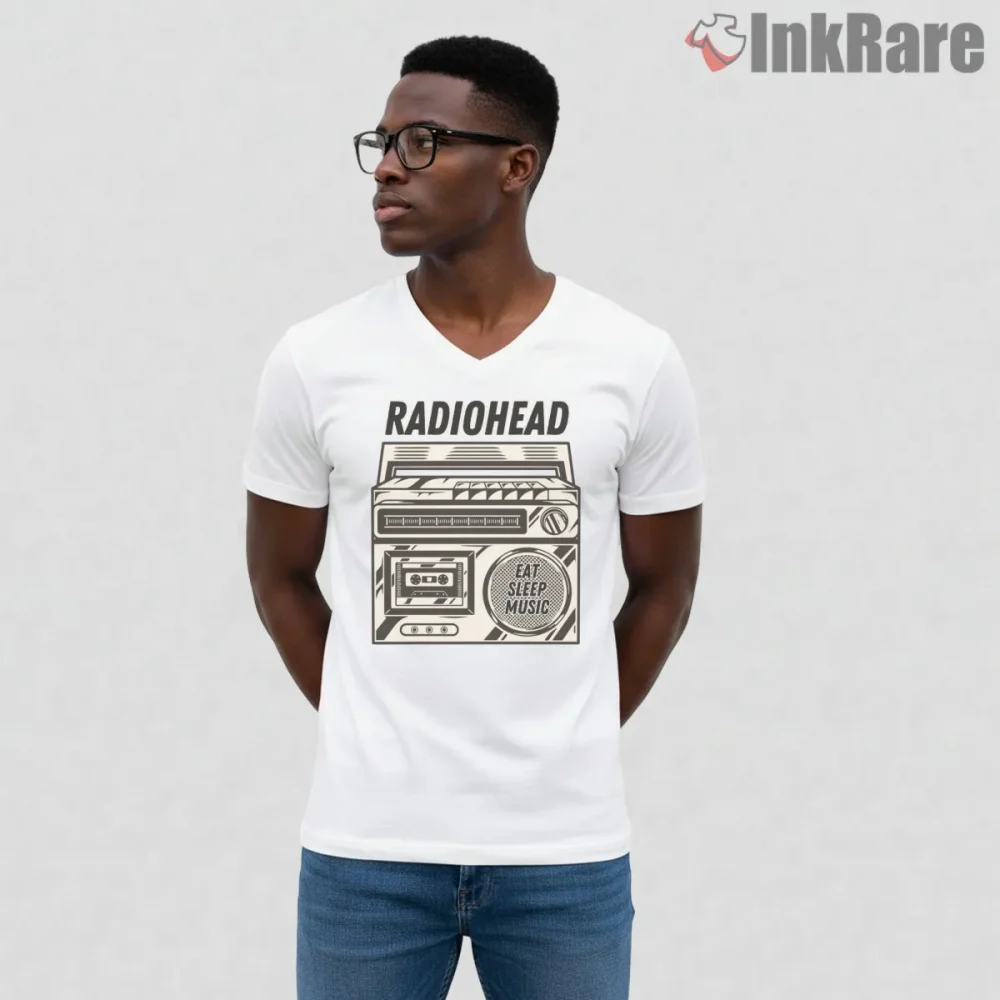 Radiohead Retro Boombox Music Shirt on white v-neck shirt for men graphic tee