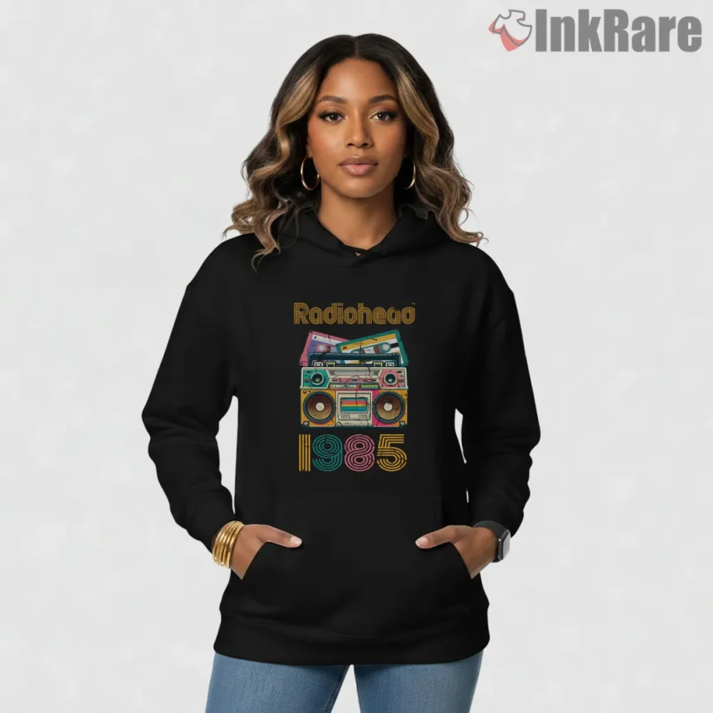Radiohead Retro Cassette Boombox 1985 Shirt on black hoodie for women graphic tee