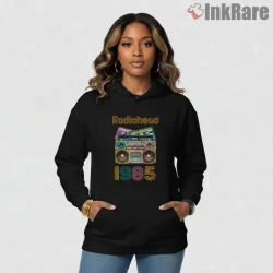 Radiohead Retro Cassette Boombox 1985 Shirt on black hoodie for women graphic tee