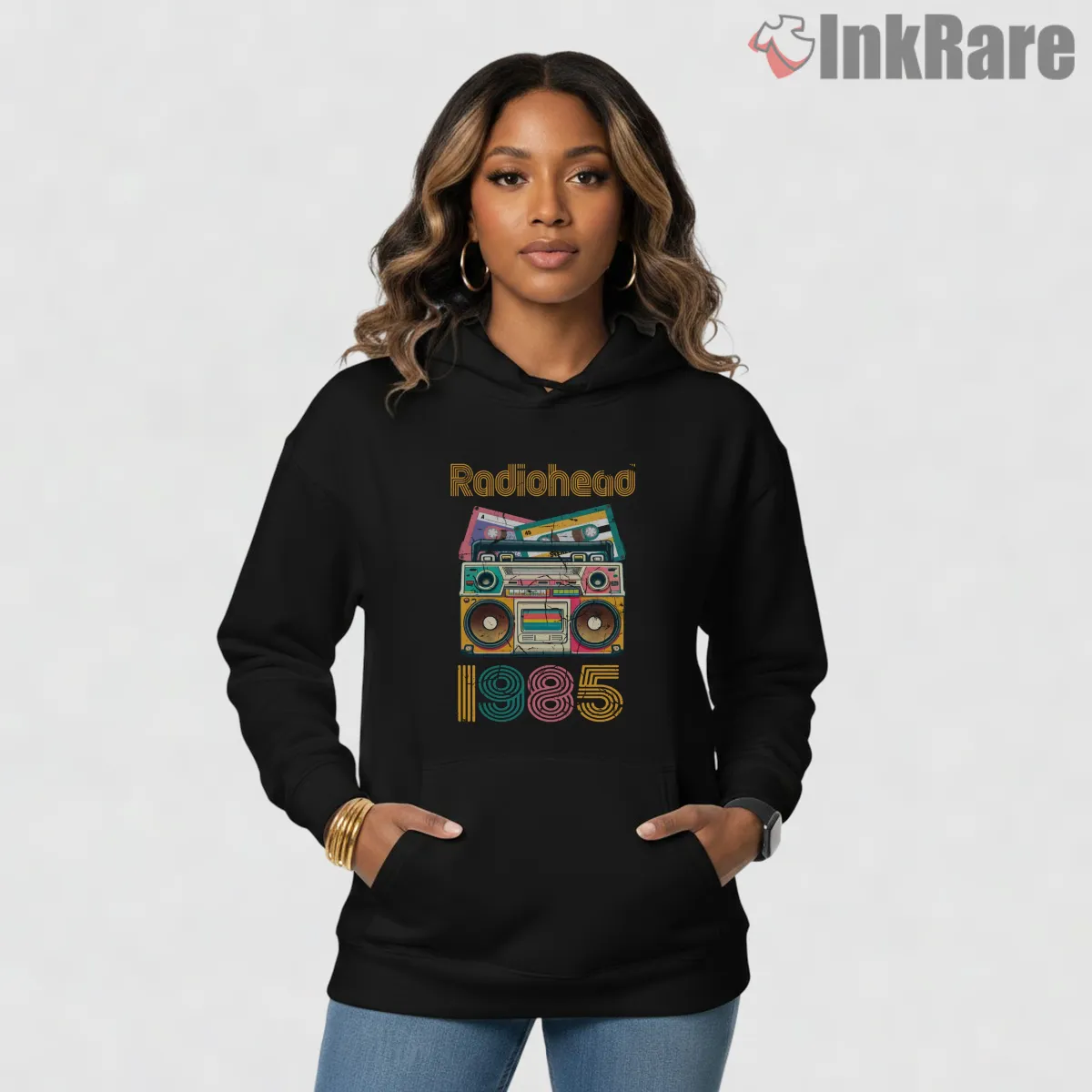 Radiohead Retro Cassette Boombox 1985 Hoodie Black Radiohead Retro Cassette Boombox 1985 Shirt on black hoodie for women graphic tee