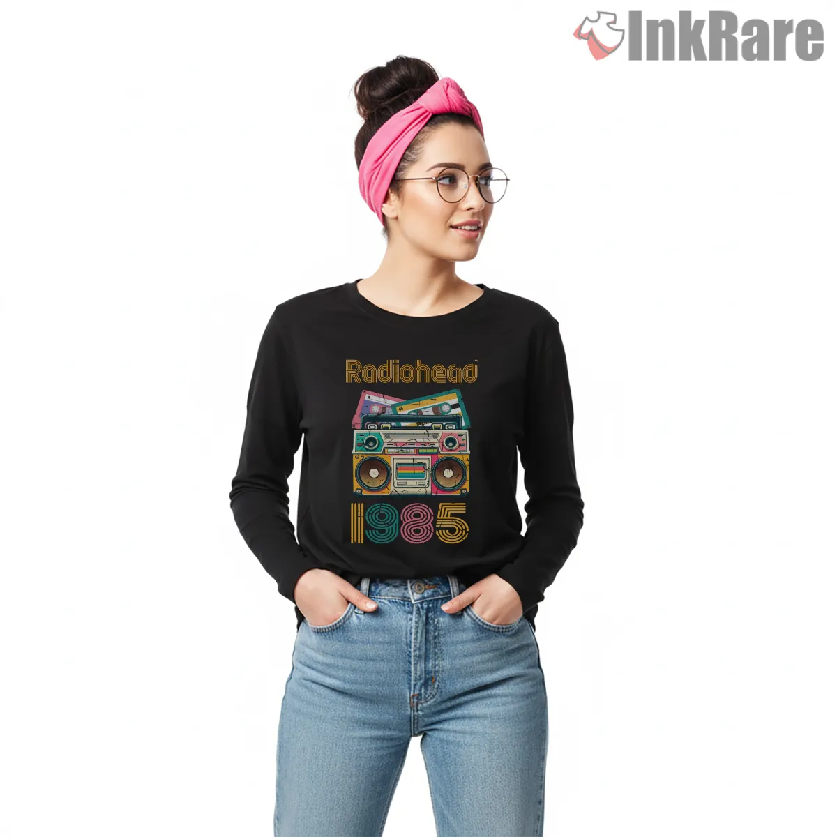 Radiohead Retro Cassette Boombox 1985 Long Sleeve Black Radiohead Retro Cassette Boombox 1985 Shirt on black long sleeve shirt for women graphic tee