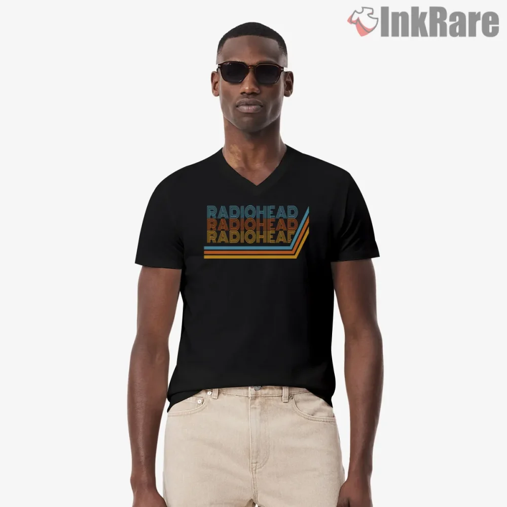 Radiohead Retro Stripe Indie Rock Shirt on black v-neck shirt for men graphic tee