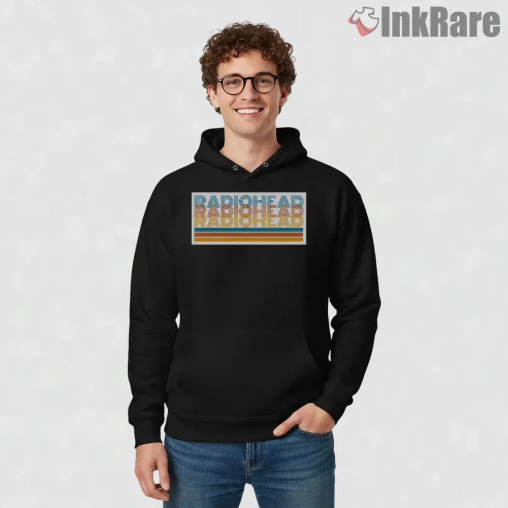 Radiohead Retro Stripe Minimalist Indie Shirt on black hoodie for men graphic tee