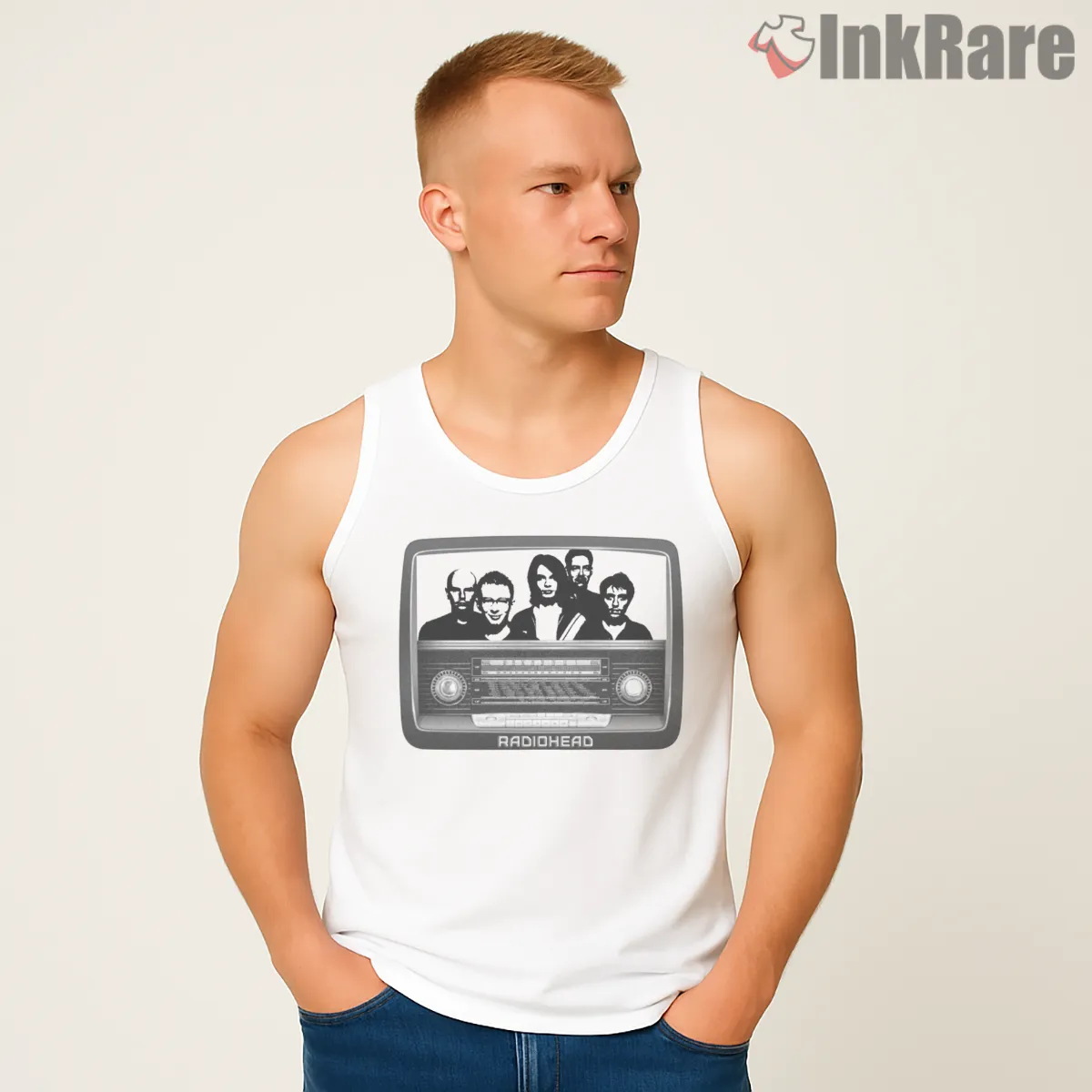 Radiohead Retro Television Portrait Tank Top White Radiohead Retro Television Portrait Shirt on white tank top for men graphic tee