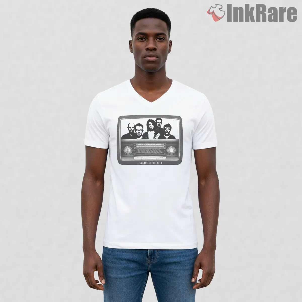 Radiohead Retro Television Portrait V Neck White Radiohead Retro Television Portrait Shirt on white v-neck shirt for men graphic tee