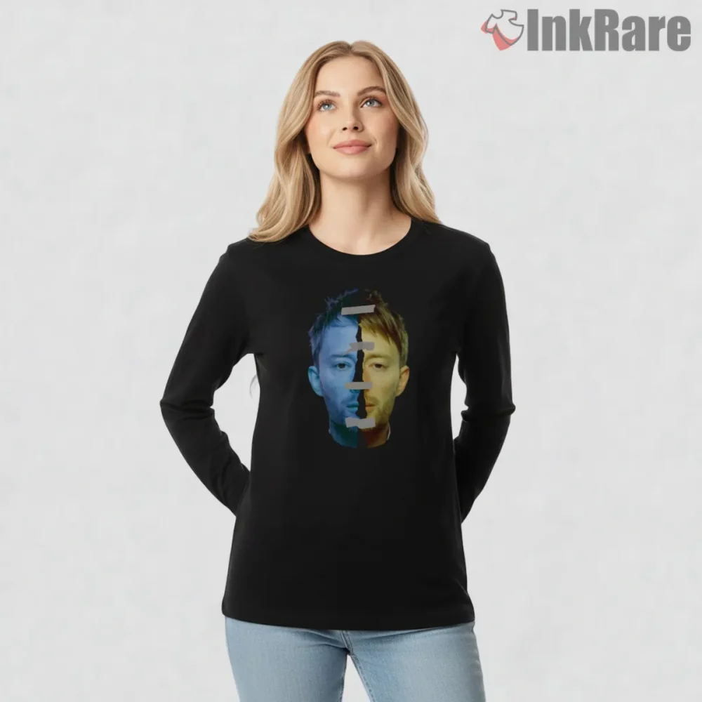 Radiohead Thom Yorke Split Portrait Shirt on black long sleeve shirt for women graphic tee