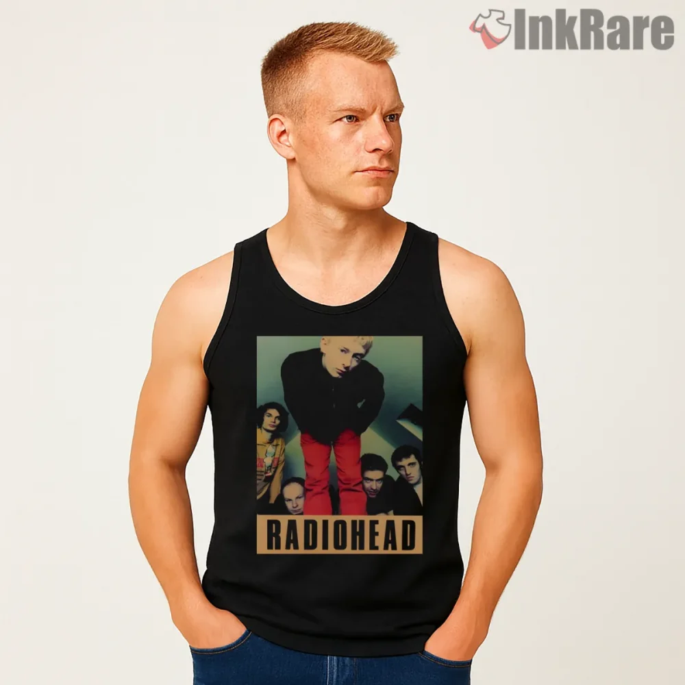 Radiohead Vintage Band Portrait Bootleg Shirt on black tank top for men graphic tee