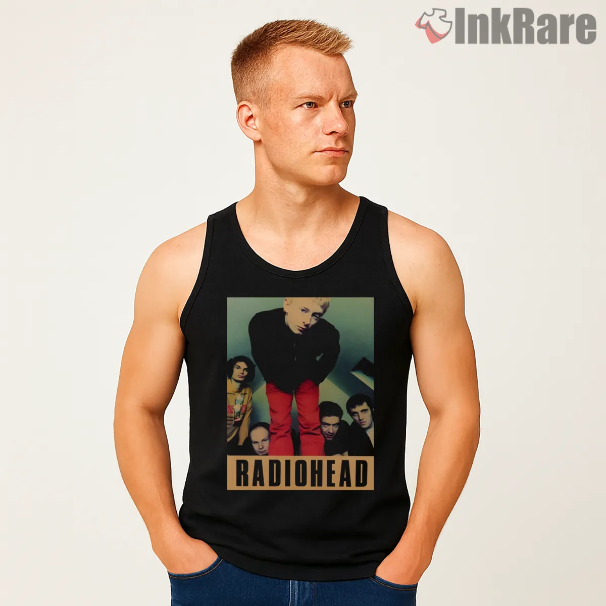 Radiohead Vintage Band Portrait Bootleg Tank Top Black Radiohead Vintage Band Portrait Bootleg Shirt on black tank top for men graphic tee