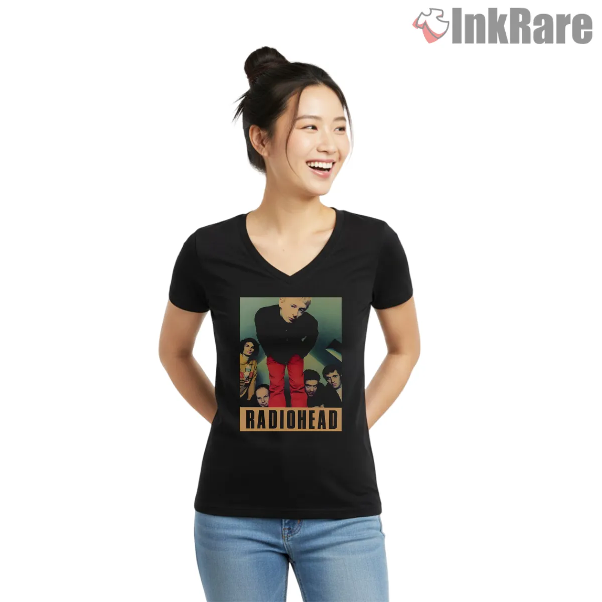 Radiohead Vintage Band Portrait Bootleg V Neck Black Radiohead Vintage Band Portrait Bootleg Shirt on black v-neck shirt for women graphic tee