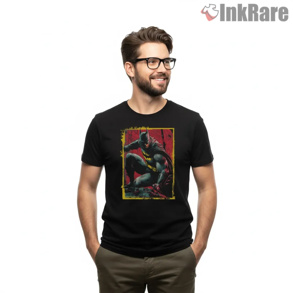 Rain Worn Alley Crouch Batman Shirt on black short sleeve shirt for men graphic tee