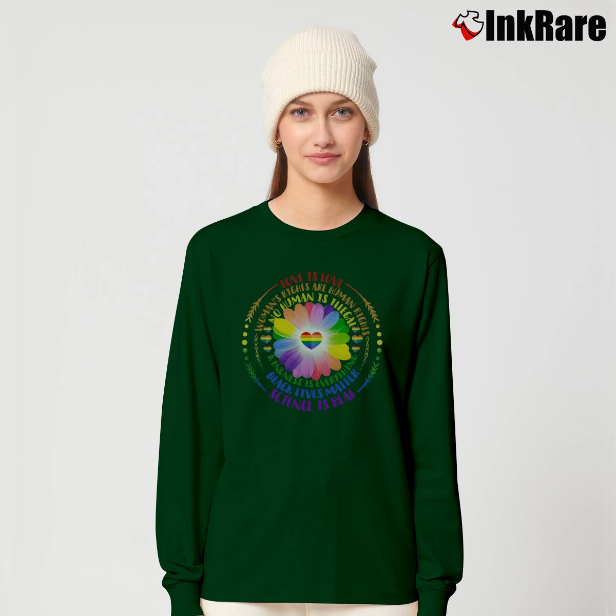 Women’s Rainbow Daisy Love Human Rights Long-Sleeve Top in forest green | Sleek, Versatile, All-Season
