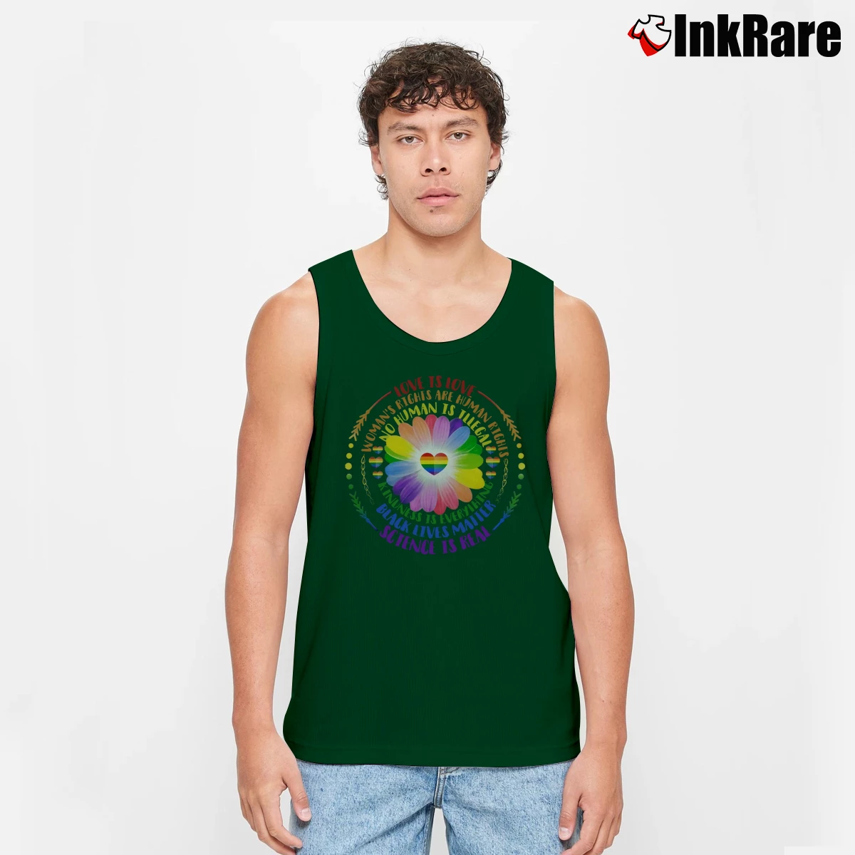 Men’s Rainbow Daisy Love Human Rights Tank Top in forest green | Breathable, Active-Friendly Design