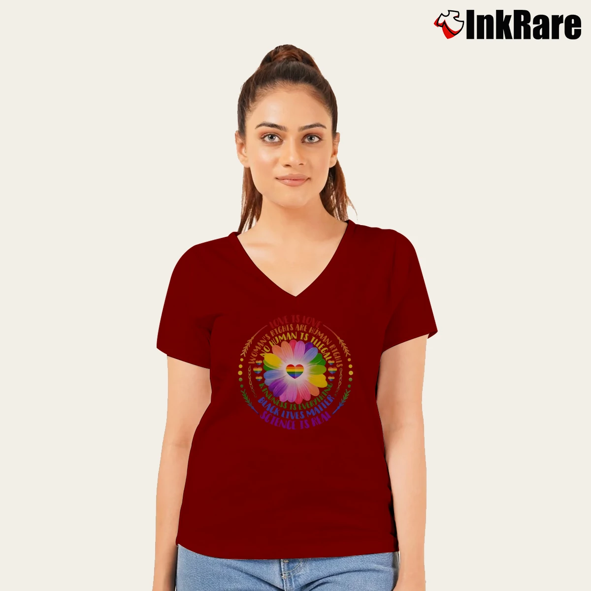 Women’s Rainbow Daisy Love Human Rights V-Neck Tee in maroon | Chic Neckline, Soft Texture