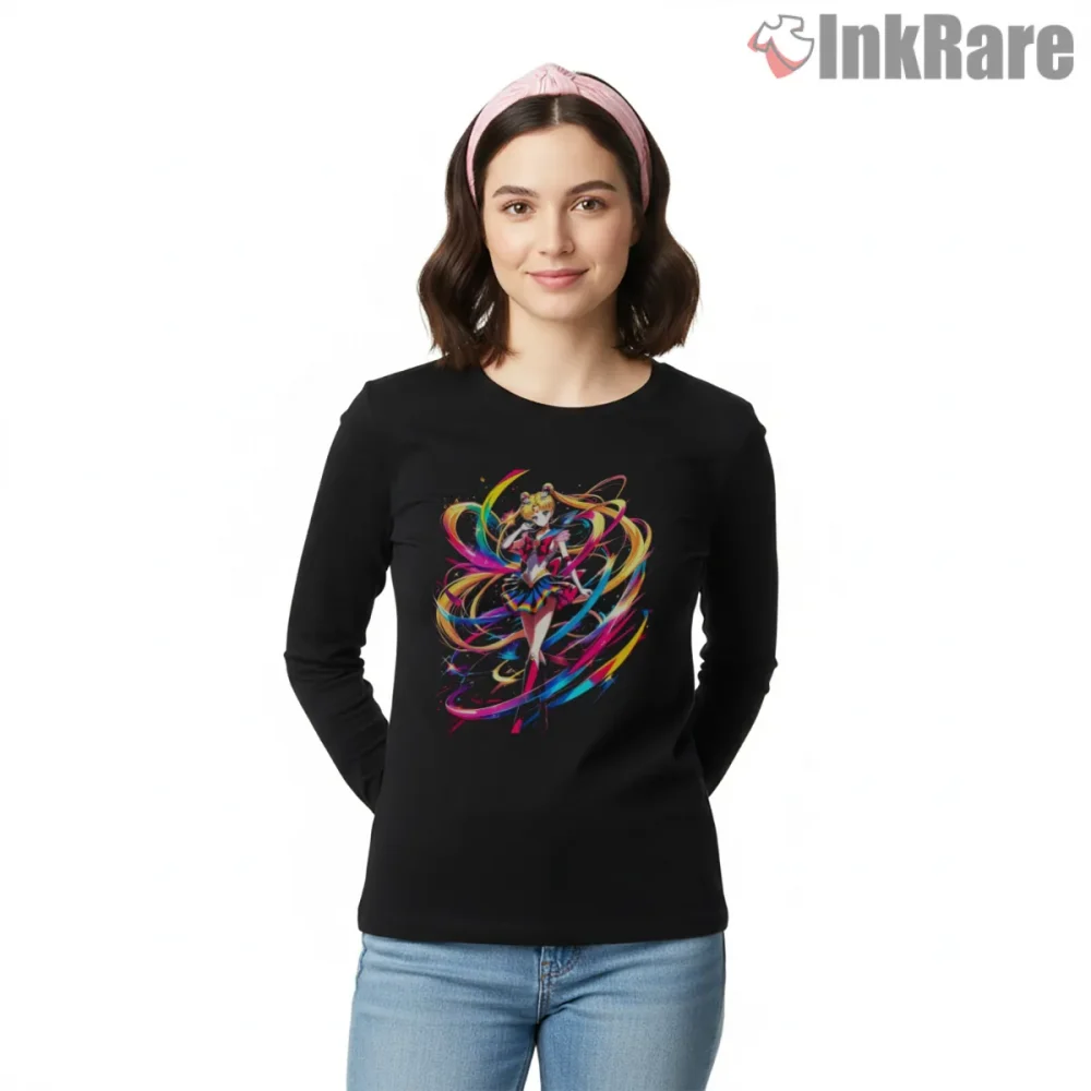 Rainbow Energy Magical Girl Burst Shirt on black long sleeve shirt for women graphic tee
