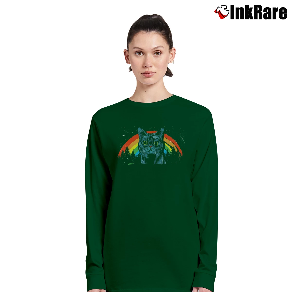 Women’s Rainbow Kitten Cat Owner Animal Kitty Funny Cat Long-Sleeve Top in forest green | Sleek, Versatile, All-Season