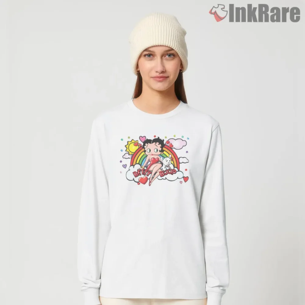 Rainbow Radiance Betty Boop Clouds And Hearts Shirt on white long sleeve shirt for women graphic tee